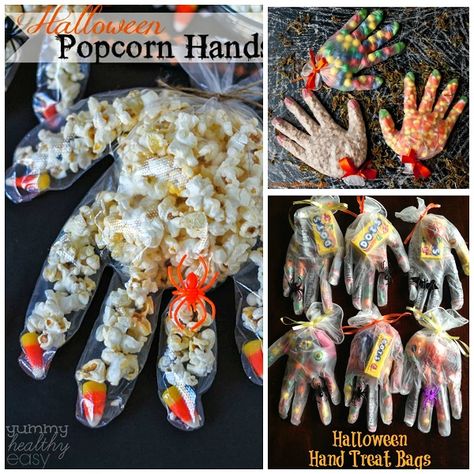 Fill a plastic glove with popcorn and candy corn! Made by Yummy Healthy Easy Use a surgical glove (latex free) and fill it with candy! Love how she used smarties for the finger spots. Made by Queens Card Castle Fill the entire gloves with butterscotch chips, candy corn, or sixlets! Love how they used Mike … Popcorn Hands, Classroom Parent, Snack Halloween, Healthy Autumn, Recetas Halloween, Classroom Halloween, Halloween Popcorn, Halloween Class Party, Fall Parties