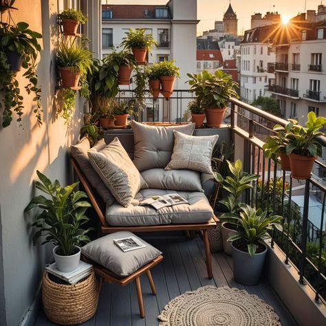 Small balcony Balcony Ideas Japandi, Flat Patio Ideas, Cosy Balcony Ideas, City Balcony Ideas, Chicago Balcony, Tiny Apartment Balcony, Balcony Landscaping, Hammock Balcony, Cosy Balcony