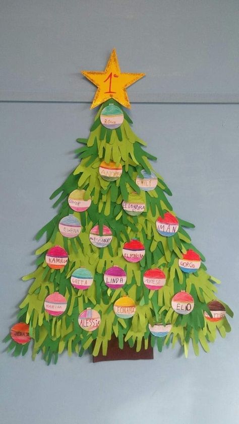 Big Ornaments On Tree Diy, Christmas School Crafts, Recycled Christmas Tree, Door Decorations Classroom Christmas, Handprint Christmas Tree, Classroom Christmas Decorations, Christmas Art For Kids, Handprint Christmas, Wall Christmas Tree