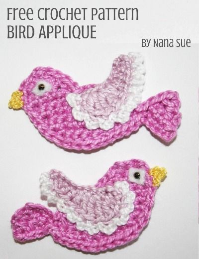 Free Crochet Patterns | Free Crochet Pattern Bird Applique • Free Crochet Patterns Bird Appliques, Crocheted Birds, Appliques Au Crochet, Crochet Bird, Crochet Bird Patterns, Crochet Applique Patterns Free, Crochet Embellishments, Birds Pattern, Bird Applique