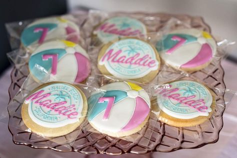 Malibu Maddie's 7th Birthday Barbie Beach Party | CatchMyParty.com Malibu Barbie Party, Barbie Beach Party, Barbie Cookies, Barbie Birthday Party Ideas, Barbie Pool, Barbie Pool Party, Beach Barbie, Barbie Summer, Barbie Birthday Party