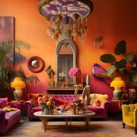 Hot Pink And Orange Living Room, Colorful Chandelier Living Room, Orange And Pink House Decor, Yellow Couch Pink Wall, Pink And Orange Living Room Ideas, Purple Maximalist Living Room, Pink Maximalist Office, Maximalism Wall Decor, Pink Yellow Interior