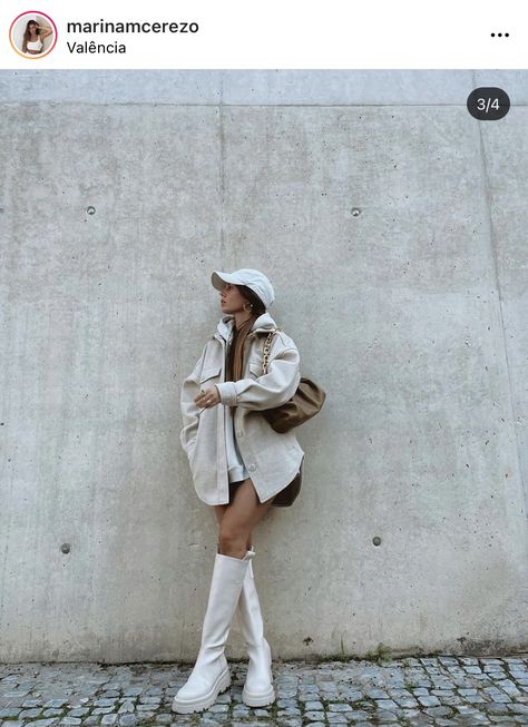 High Boots Winter Outfit, Petite Fashion Outfits, White Boots Outfit, Beige Outfit, Cold Outfits, White Boots, Teenage Fashion Outfits, Winter Fashion Outfits, Fall Winter Outfits