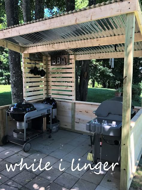 BBQ Shack, barbecue shed/shack Pool Grilling Area, Grill Privacy Wall, Building A Grill Station, Bbq House Ideas, Outdoor Cooking Shelter, Campsite Cooking Area, Grill Covers Outdoor, Bbq Deck Ideas Grill Station, Outside Grilling Area