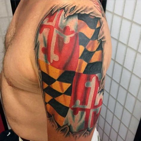 50 Maryland Flag Tattoo Ideas For Men – State Flag Designs Maryland Flag Tattoo, Maryland Tattoo Ideas, Tattoos Ideas Forearm, Canadian Flag Tattoo, Mens Leg Tattoo, Baltimore Tattoo, Maryland Tattoo, Space Tattoo Sleeve, United States Naval Academy