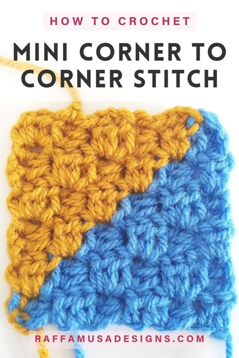 A mini corner to corner square made in two colors Different C2c Crochet Stitches, Mini C2c Crochet Pattern Free, C2c Half Double Crochet Pattern, Corner To Corner Crochet Stitches, Mini C2c Crochet Tutorial, C2c Crochet Pattern Free Charts Easy, C2c Stitches, C2c Rectangle, Double Knitting Charts