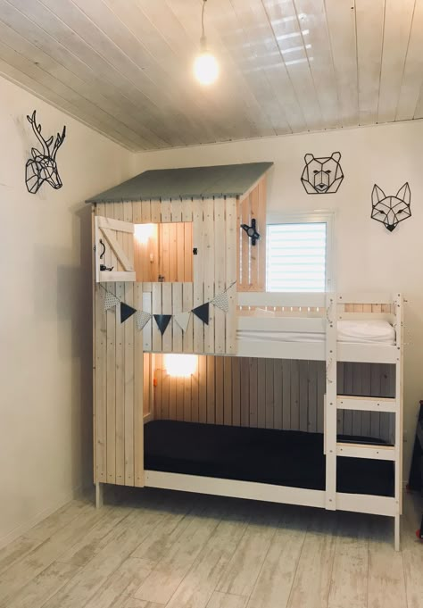 A wooden house built on Ikea Mydal bed. Bed Origami, Ikea Mydal, Ikea Bunk Bed, Diy Sofa Bed, Ikea Bed, Kids Bunk Beds, House Beds, Toddler Bedrooms, House Bed