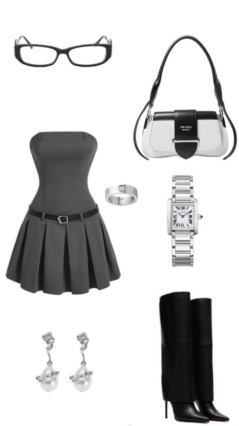 Strapless pleated dress, Cartier watch, Cartier ring, Prada hand bag, bayonetta glasses, pearl silver earrings, boots heels, silver jewelry Bayonetta Outfits, Gojo Aesthetic, Prada Outfits, Bayonetta Glasses, Pearl Silver Earrings, Prada Dresses, Prada Dress, Kpop Concert Outfit, Prada Fashion