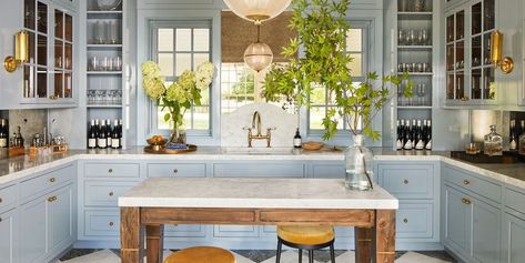 colors that go with light blue - color inspiration Light Blue Cabinet Colors, Small Blue Kitchen, Light Blue Kitchen Cabinets, Baby Blue Kitchen, Light Blue Cabinets, Light Blue Backsplash, Light Blue Kitchen, Log Cabin Kitchen, Light Blue Sofa