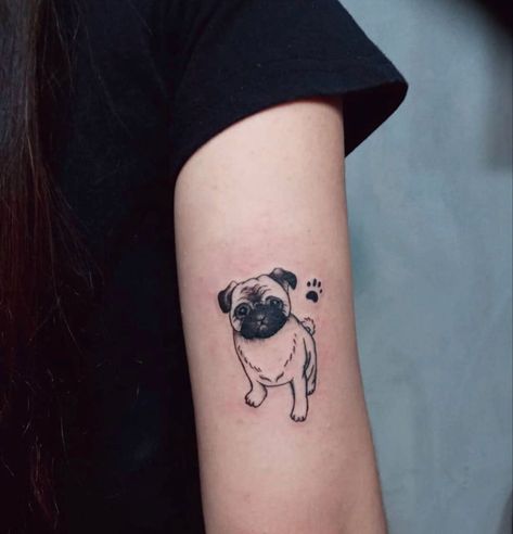 Black Pug Tattoo Black Pug Tattoo, Bow Tie Tattoo, Bandana Tattoo, Butterfly Wing Tattoo, Pug Tattoo, Dog Memorial Tattoos, Breeds Of Dogs, Aari Designs, Chest Tattoos For Women