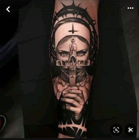 Evil Nun Tattoo Design, Nun Tattoo Evil, Monja Tattoo, Demonic Tattoo Designs, Nun Tattoo, Memorial Tattoo Ideas, Band Tattoos For Men, Wing Tattoo Men, Chicano Tattoos Sleeve