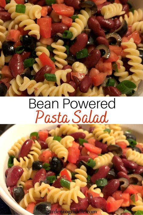 Split image with top image of close up of pasta salad with veggies and beans. Bottom image of white Corning Ware bowl with fusilli noodles, diced black olives, dark red kidney beans, diced green onion, diced tomato mixed together, all on a blue and white towel. Title in the center of Bean Powered in black letters and Pasta Salad in a reddish brown color. Three Bean Pasta Salad Recipe, Three Bean Pasta Salad, 3 Bean Pasta Salad Recipe, Pasta And Bean Salad Recipes, Kidney Bean Pasta Salad, Pasta Bean Salad Recipes, Pasta And Bean Salad, Bean And Pasta Salad, Pasta Salad With Garbanzo Beans