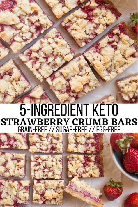 Keto Strawberry Crumb Bars - Beautifully buttery Keto Strawberry Crumb Bars made with 5 ingredients are magically flaky with the perfect sweet, tangy gooey bite. Grain-free, easy to make dairy-free, and sugar-free. #strawberry #dessertrecipe #healthyrecipes #healthydesserts #ketodessertrecipe #lowcarb Keto Friendly Strawberry Desserts, Keto Desserts With Strawberries, Keto Sheet Pan Desserts, Keto Crumble Dessert, Keto Strawberry Crumble, Keto Non Dairy Dessert, Low Sugar Strawberry Dessert, Keto Frozen Strawberry Recipes, Strawberry Low Carb Dessert