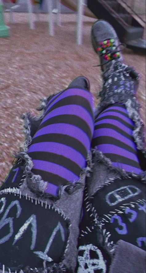 punk tights park grunge punk rock patches patch pants crusty pants Punk Outfits Colorful, Colourful Punk Fashion, Colourful Punk Outfits, Colorful Punk Aesthetic, Colorful Goth Aesthetic, Purple Punk Aesthetic, Punk Asethic, Colorful Punk Outfits, Purple Alt Outfit