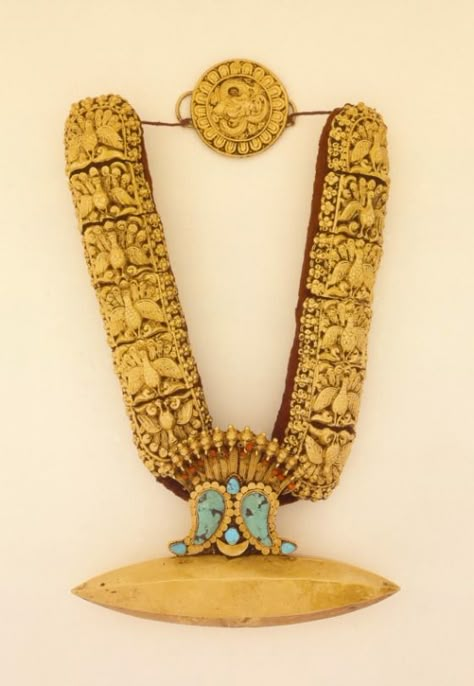 Necklace for the Living Goddess - Nepal, circa 19th century; Gold and gilt copper alloy inlaid with gemstones 13 1/2 x 6 3/4 x 2 in| LACMA Collections Newari Art, Nepalese Jewelry, Nepal Jewelry, Nepali Jewelry, Vintage India, Tibetan Jewelry, Ethnic Necklaces, Antique Gold Jewelry, Royal Jewelry