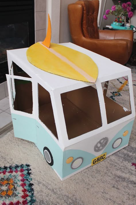 cardboard box craft - bus for kids Diy Cardboard Vw Van, Diy Volkswagen Bus Cardboard, Cardboard Vw Bus, Two Groovy Party Activities, Groovy Birthday Party Activities, Bus Cardboard, Cardboard Bus, 2 Groovy, Cardboard Box Diy