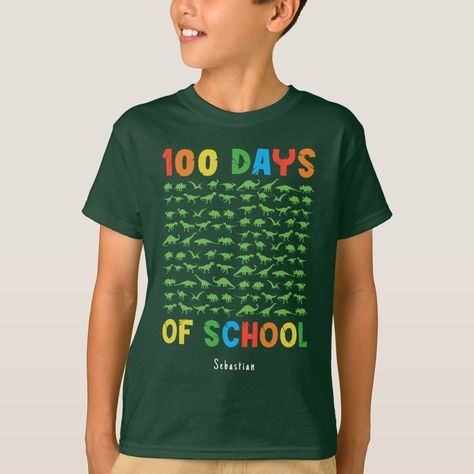 Celebrate one hundred days of learning with this fun roar-some t-shirt! Featuring 100 playful green dinosaurs and the colorful text "100 days of school," this tee is perfect for any dino-loving student who's crushed 100 days of school! Shirt may be personalized with a name or other text. Dino 100 Days Of School Shirt, 100 Days Of School Shirt Kindergarten Boy, 100th Day Of School Shirts Dinosaurs, Dinosaur Shirts, 100 Days Smarter Shirt, Cheap Green T-shirt With Dinosaur Print, 100 Days Of School Shirt, Cheap Dinosaur Print Long Sleeve T-shirt, Hundred Days