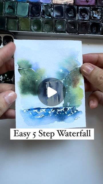 Waterfall Tutorial, Watercolor Waterfall, Watercolor Landscape Tutorial, Watercolor Painting Easy, Watercolor Pencil Art, Water Coloring, Watercolor Art Landscape, Waterfall Paintings, Waterfall Art