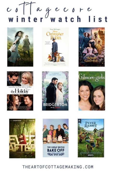 Cottagecore movies with the cottagecore aesthetic are shown in rows for this winter watch list. Good Witch Tv Show Aesthetic, Movies For Winter, Cottagecore Movies To Watch, Cottage Core Movies List, Best Winter Movies, Autumn Tv Shows And Movies, January Movie List, Movies To Watch In January, Cottagecore Tv Shows