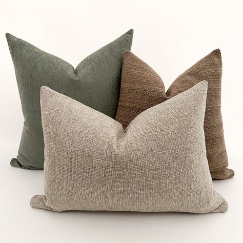 Shop decorative pillow covers made by us for your design. Enjoy a wide selection of colors and patterns for unlimited design possibilities. Green Couch Pillows Ideas Color Schemes, Portfolio Moodboard, Light Gray Couch, Vibey Apartment, Blankets And Pillows, Pillow Combos, Throw Pillows Living Room, Grey Couches, Neutral Pillows