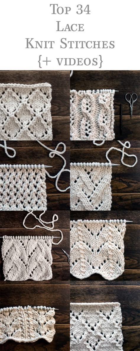 A 37 page PDF bundle of lace knit stitch patterns. Super Bulky yarn makes them super quick! Beginners to Advanced Beginners. Videos are available to help. Háčkované Lemy, Lace Knitting Stitches, Advanced Knitting, Knit Stitches, Lace Knitting Patterns, Knitting Instructions, Knit Stitch Patterns, Diy Knitting, Knit Stitch