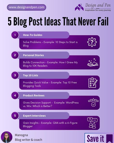 Say goodbye to writer's block. Never run out of blog post ideas again!💡 ✅ Save this for your next brainstorming session! Here are 5 foolproof content types with examples to inspire your next post. Which one will you try first? P.S. Want more ideas? Drop a '✋' in the comments, and I'll share 5 more in my next post! Follow @blogwithmanogna for more blogging tips & strategies. #designandpen #bloggingtips #contentideas #bloggerinspiration #blogwriting Values Examples, Content Types, Blog Post Ideas, Blogger Inspiration, Blog Tools, Writers Block, Post Ideas, Blog Writing, Run Out