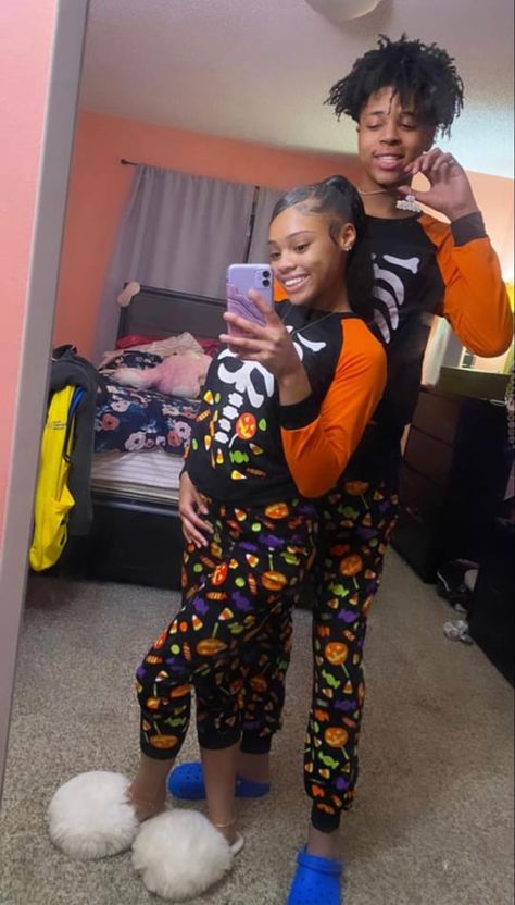 Matching Pajamas For Couples Black, Matching Christmas Pajamas Couples, Matching Couple Pajamas, Me N Bae, Halloween Pjs, Mood With Bae, Black Relationship, Couple Goals Teenagers Pictures, Relationship Pics