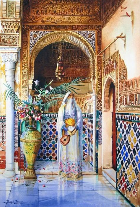 Art Marocain, Princess Painting, Arabian Art, Al Andalus, Moroccan Art, Historical Painting, Islamic Paintings, Turkish Art, Arabic Art