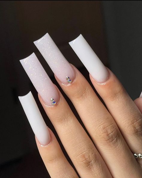 All White Acrylic Nails, Long Nails With Diamonds, Basic Long Nails, White Nails Rhinestones, Basic White Nails, White Base Nails, Nut White Nails, Long Nails White, White Nail Set