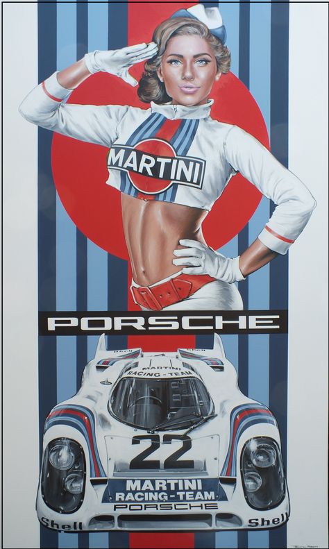 Porsche Artwork Martini Porsche, Porsche Martini, Vintage Racing Poster, Motorsport Art, Pin Up Girl Vintage, Martini Racing, Racing Art, Car Artwork, Racing Posters