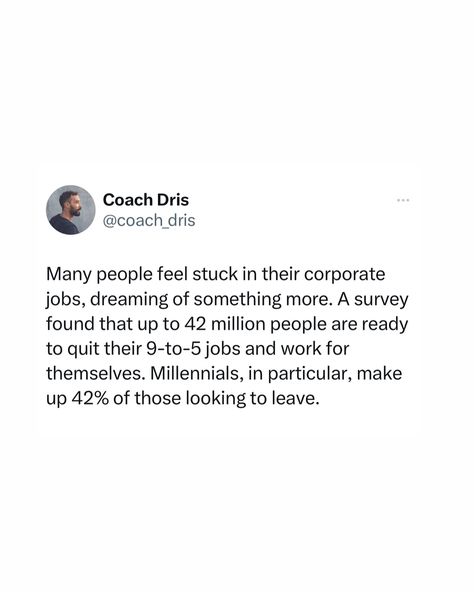 You will eventually want to quit the 9-5 if you want to be happier. It’s just a matter of when. Many people feel stuck in their corporate jobs, dreaming of something more. A survey found that up to 42 million people are ready to quit their 9-to-5 jobs and work for themselves. Millennials, in particular, make up 42% of those looking to leave. The problem is that most people are held back by fear, lack of confidence, or financial worries. They want more control over their careers, a better w... Being More Social Aesthetic, Quitting Social Media Aesthetic, Social Media Quitting, Quotes For Quitting Bad Habits, Social Work Meme, Lack Of Confidence, Feeling Stuck, Confidence, No Worries