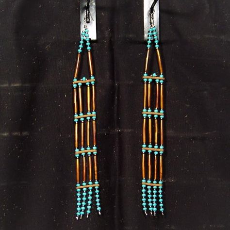 Porcupine Quill Jewelry, Quill Jewelry, Turquoise Green Color, String Earrings, Beautiful Beaded Earring, Lost River, Beaded Earrings Native, Earrings Patterns, Bone Earrings