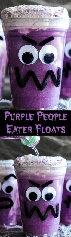 Purple People Eater Floats! Create this fun Halloween treat with the kids with pipe cleaners, hot glue, plastic cups, vanilla ice cream and purple grape soda! Grape Fanta, Pasteles Halloween, Purple People Eater, Recetas Halloween, Fun Halloween Treats, Halloween Foods, Purple People, People Eater, Kid Friendly Halloween