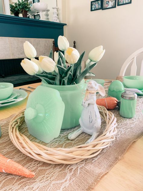 Jadeite Spring Decor Jadeite Fall Decor, Jadeite Christmas Decor, Diy Jadeite Ornaments, Displaying Jadeite, Faux Jadeite Ornaments, Ceramic Bunny, Easter Tablescapes, Holiday Table Decorations, Spring Tablescapes