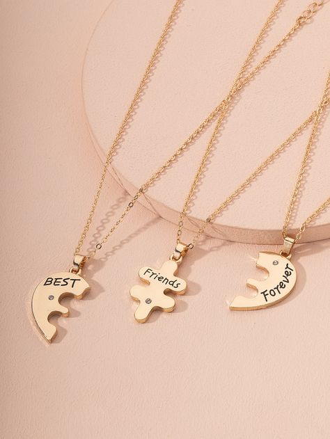 3pcs Letter Graphic Metal Pendant Necklace Trio Necklace, Bff Jewelry, Metal Pendant Necklace, Best Friend Necklace, Pretty Jewelry Necklaces, Heart Shaped Pendant Necklace, Rhinestone Material, Bff Necklaces, Friend Jewelry