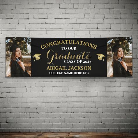 Graduation Party Banner Ideas, Graduation Banner Ideas, Black And Gold Graduation Backdrop, Painted Graduation Banner, Banner Graduation Design, Brown Banner Graduation, Boys High School Graduation Party, Black And Gold Graduation, Graduation Congratulations