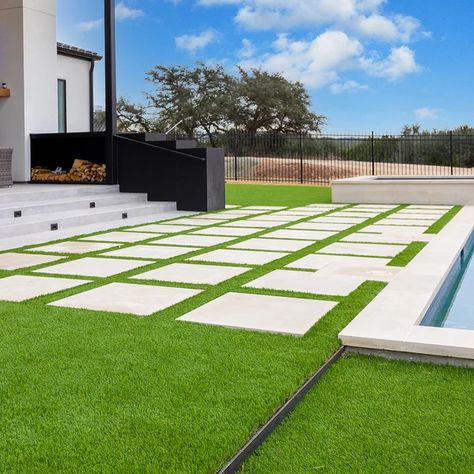 Pavers With Synthetic Turf - Photos & Ideas | Houzz Turf Concrete Backyard, Concrete And Turf Pool Deck, Pavers With Turf In Between, Pavers With Turf, Turf Paver, Paver Installation, Concrete Backyard, Large Pavers, Modern Water Feature