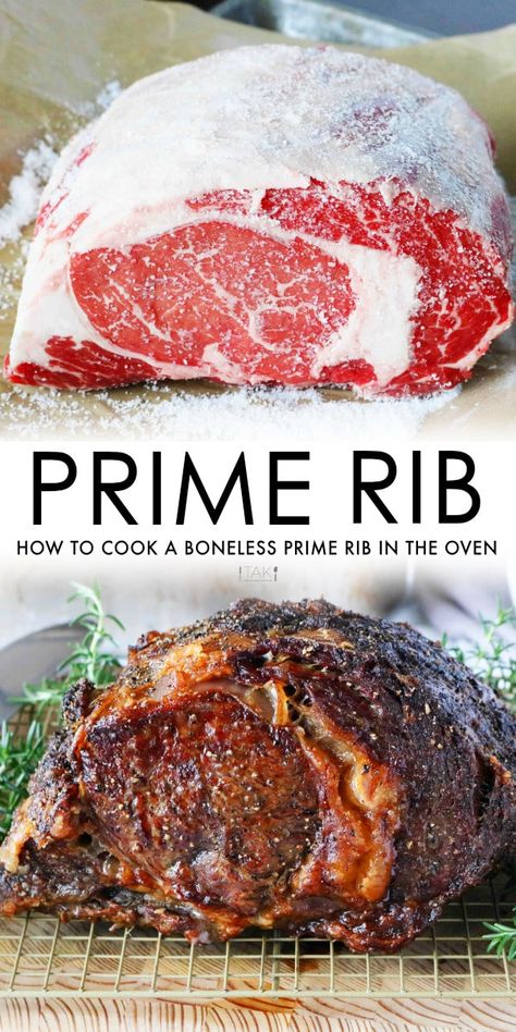 Upgrade your holiday dinner with the most decadent cut of beef — Prime Rib! Learn how to cook it in the oven exactly to your liking, what to ask the butcher for, a simple seasoning mix, temperatures you should know, and more. This is everything you need to know for a perfect holiday roast recipe made for feeding a crowd! Prime Rib In The Oven, Boneless Prime Rib Recipe, Boneless Prime Rib, Prime Rib Roast Recipe, Cooking Prime Rib, Rib Roast Recipe, Rib Recipe, Prime Rib Recipe, Prime Rib Roast