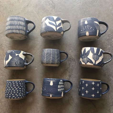 Nicole Pepper on Instagram: “Some mugs from the kiln today ready for the restock tomorrow. Info is in my bio!🤗 #pottery #mugs #sgraffito” Ceramic Mugs Pottery, Simple Ceramic Mug, Sgraffito Technique Patterns, Diy Pottery Mug Ideas, Pottery Etching, Scrafitto Pottery, Scraffito Designs Simple Mug, Scrafito Pottery, Sgraffito Mug Designs