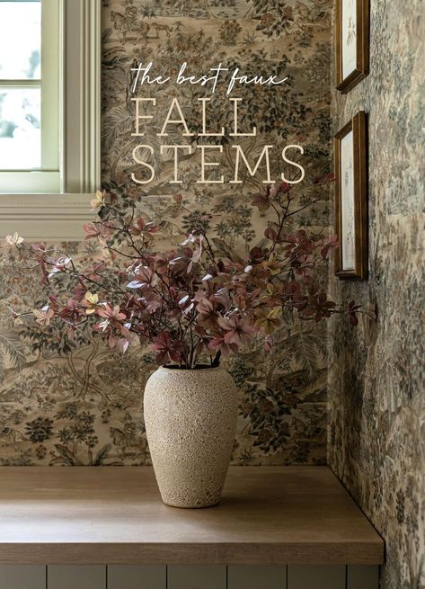 The best faux fall stems for 2024. Where to find the most realistic and budget friendly branches as low as $5! Fall Inspired Home Decor, Vase With Faux Branches, Amber Vase Fall Decor, Fall Stems, Fall Faux Stems, Thanksgiving Dining Table Floral Arrangements Amber Lewis, Thanksgiving Faux Flowers, Autumn Beech Branch Vase, Fall Stem