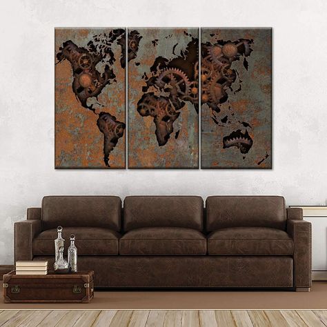 Steampunk World Map Multi Panel Canvas Wall Art | ElephantStock World Map Decor Living Room, Steampunk Decor Diy, Steam Punk Wall Art, Steampunk City Map, Steampunk Wall Decor, Steampunk Office, Industrial Map Wall Art, Steampunk Bedroom, Industrial Wall Art Gears