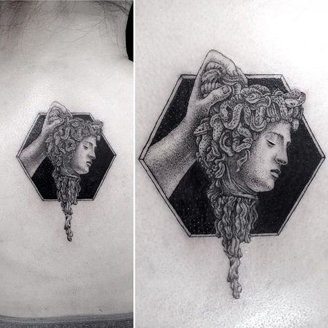 Mr. K.  micro medusa. Severed Head Tattoo, Tattoo Medusa, Circular Tattoo, Traditional Black Tattoo, Severed Head, Underboob Tattoo, Head Tattoo, Medusa Tattoo, Most Popular Tattoos