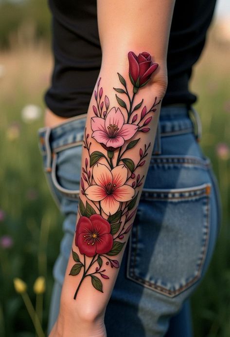 Stunning Flower Tattoos Design Ideas Colored Tattoo Flower, Flower Tattoo Sleeve Designs, Vintage Flower Bouquet Tattoo, Wild Flower Hand Tattoo, Carnation Hand Tattoo, Neotraditional Flowers Tattoo, Neo Traditional Mandala Tattoo, Tattoos Forearm Women, Carnation Tattoo Sleeve