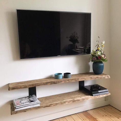 Tv Set Up Bedroom Tv Walls, Floating Tv Entertainment Center, Shelving Under Tv Mounted Tv, Wooden Tv Shelf, Wall Mounted Tv Console Ideas, Floating Mantle Under Tv Living Room, Floating Shelf Under Mounted Tv, Floating Wood Shelf Under Tv, Hylla Under Tv