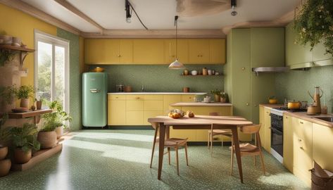 Retro Revival: Terrazzo and Wood Floors in Vintage Kitchens Retro Vinyl Flooring Kitchen, Kitchen Terrazzo, Vintage Wood Floor, Terrazzo And Wood, Vintage Kitchens, Maximalist Home, Retro Revival, Linoleum Flooring, Terrazzo Flooring