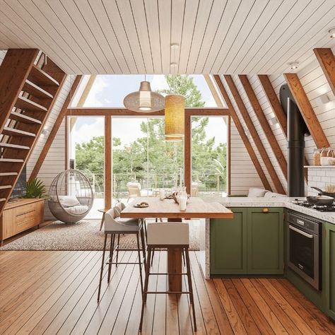 Boho A Frame House, A Frame Scandinavian, Small Aframe Interiors, Aframe Cabin Interiors, A Frame House Kitchen Ideas, A Frame With Sunroom, Modern A Frame Interior, A Frame Entryway, A Frame Cabin Kitchen Ideas