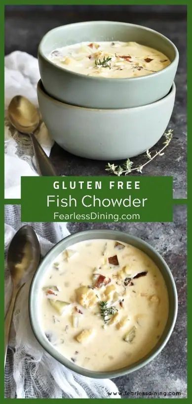 You will LOVE this Gluten Free Creamy Fish Chowder recipe! New England style fish chowder is so easy to make. No roux needed. (This soup is even lactose free!) This is comfort food in a bowl. Serve with crusty gluten free bread. Cod Chowder Recipe, Gluten Free Clam Chowder, Fish Chowder Recipe New England, Fish Chowder Recipe, Creamy Fish, Gf Soups, Seafood Soup Recipes, Chowder Recipes Seafood, Gluten Free Fish