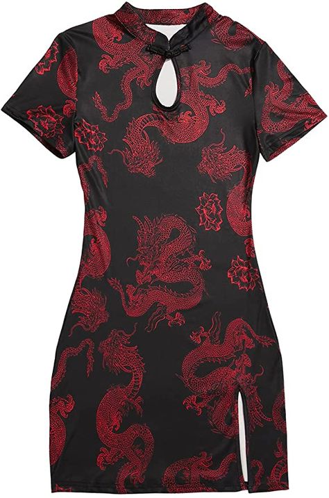 SOLY HUX Women's Chinese Cheongsam Dragon Print Qipao Mini Bodycon Dress Black Red S at Amazon Women’s Clothing store Queer Style, Singapore Fashion, Red Clothing, Chinese Cheongsam, Black Tiger, Tokyo Street Style, Qipao Dress, Mini Bodycon Dress, Dragon Print