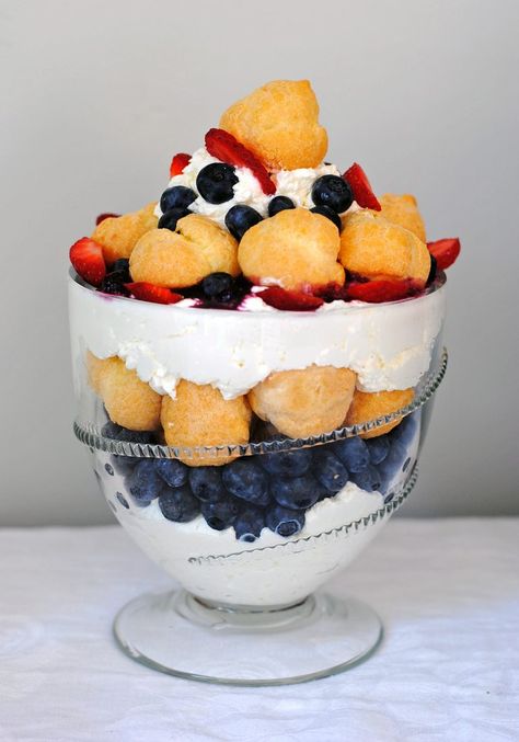 Creme Puff Trifle. - DomestikatedLife Puff Pastry Cream Puffs, Creme Puff, Cream Puff Recipe, Trifle Dish, Blueberry Syrup, Trifle Bowl, Baked Blush, Cream Puff, Homemade Whipped Cream