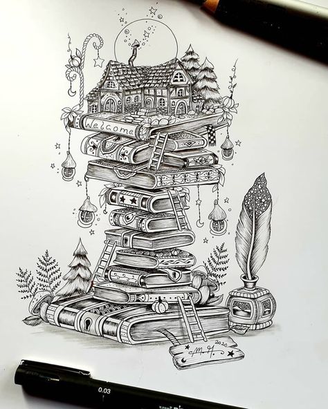 Books as foundation for adventure. Tiny Worlds and Fantasy Architecture. Click the image, for more art from Martina Arend. World Drawing Easy, Fantasy World Drawing, World Drawing, Fineliner Art, Pen Art Drawings, Book Tattoo, Pencil Art Drawings, Art Drawings Sketches Creative, Drawing Easy